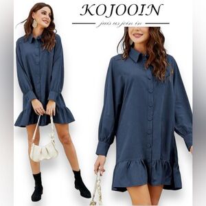 122. LARGE NWT KOJOOIN Women's Babydoll Ruffle Hem Shirt Dress Button Up Long